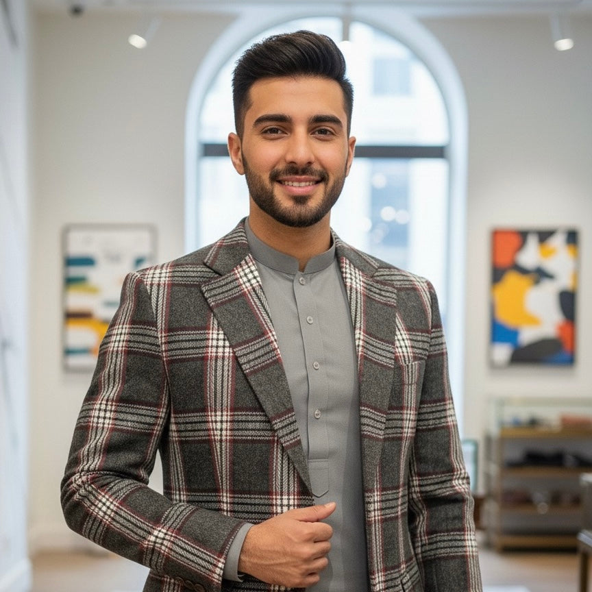 White Charcoal Grey Red Checked Tweed