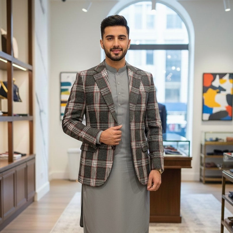 White Charcoal Grey Red Checked Tweed