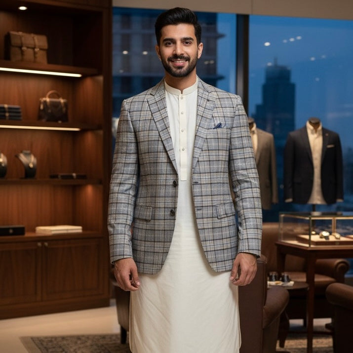 Light Grey Black and Skin Checked Tweed