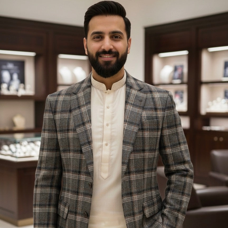 Grey Black Mustard Checked Tweed