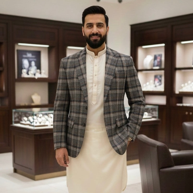 Grey Black Mustard Checked Tweed