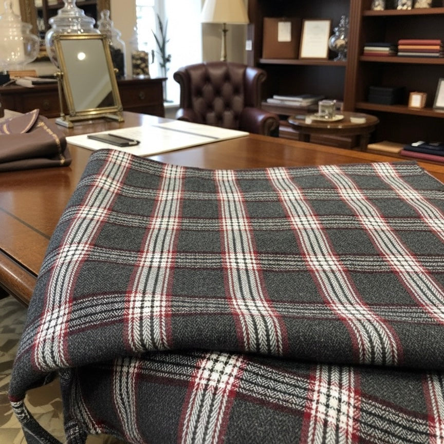 White Charcoal Grey Red Checked Tweed