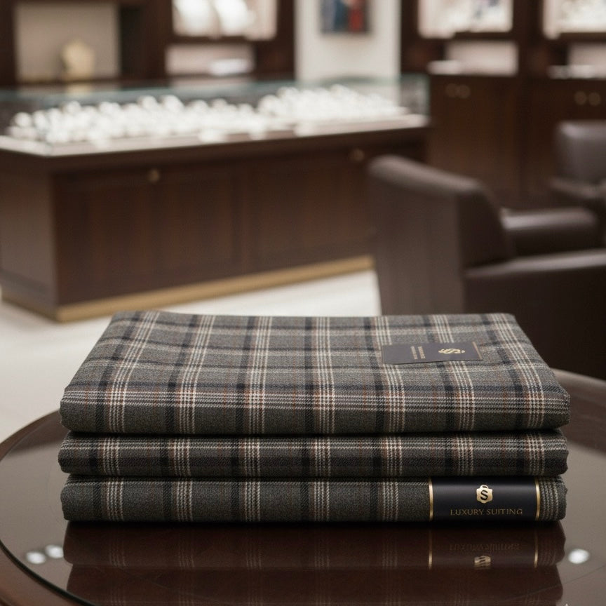 Grey Black Mustard Checked Tweed