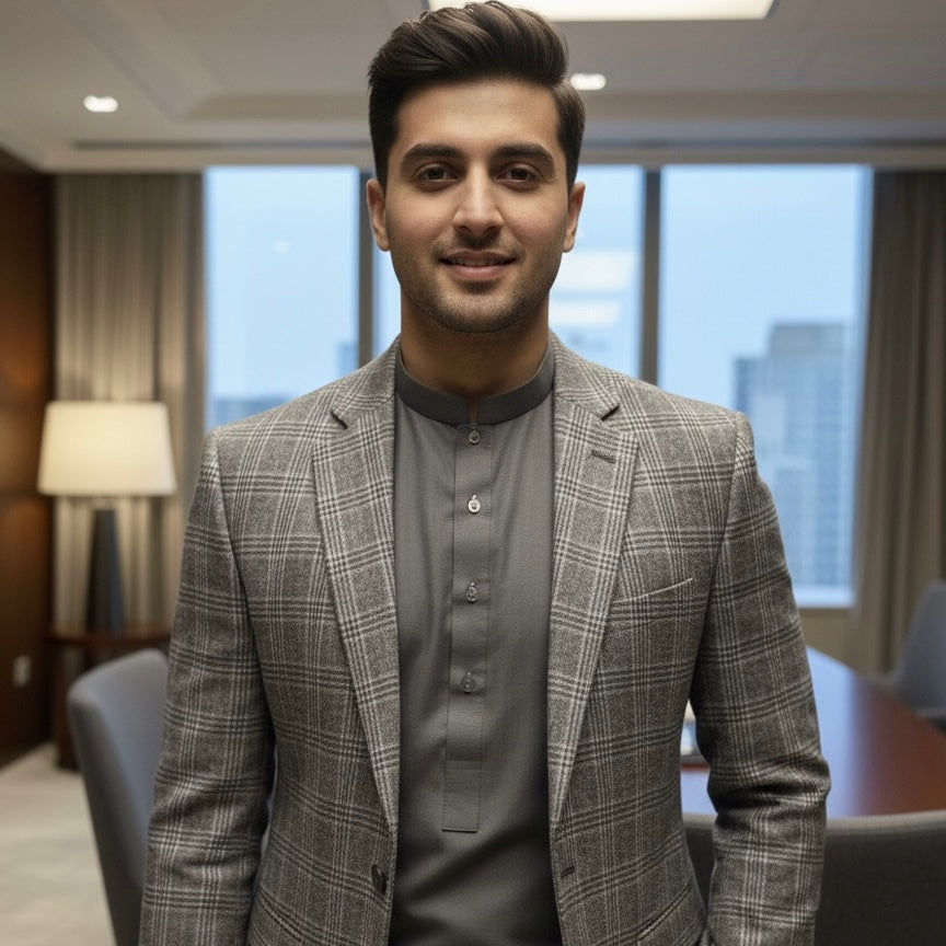 Grey Black and White Checked Tweed