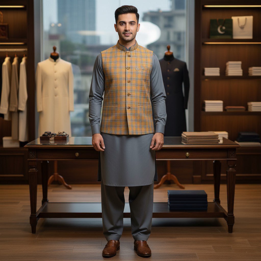 Mustard Blue Checked Terry Rayon’s