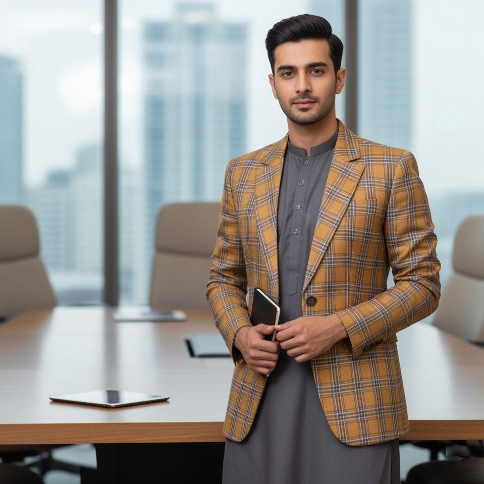 Mustard Blue Checked Terry Rayon’s