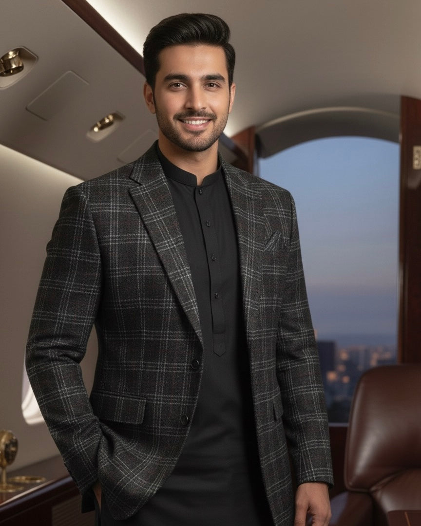 Black Grey Maroon Checked Tweed